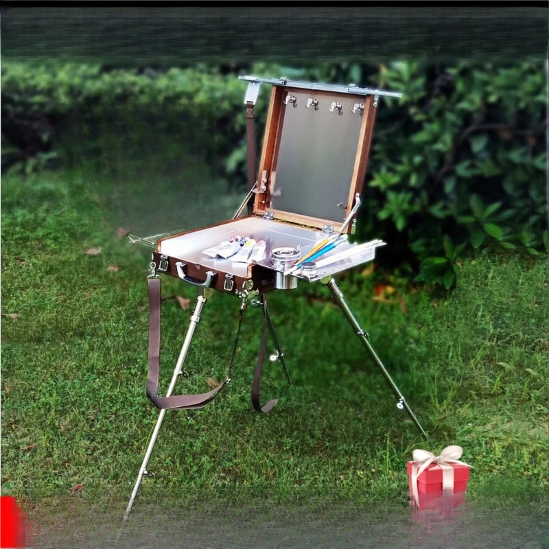 Oil painting box All solid wood box Aluminum alloy palette Stainless steel telescopic legs Environmental protection storage