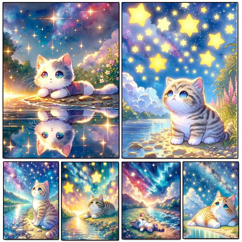 DIY Diamond Painting New Collection Aurora Star River Cat Image Full Round/Square Mosaic 5D Embroidery Cross Stitch Home Decor