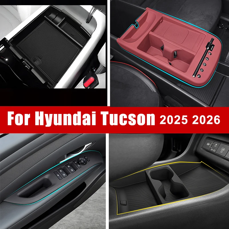 

For Hyundai Tucson 2025 2026 Center Console Organizer Tray Armrest Storage Box Glass Lift Switch Silicone Cover Car Accessories