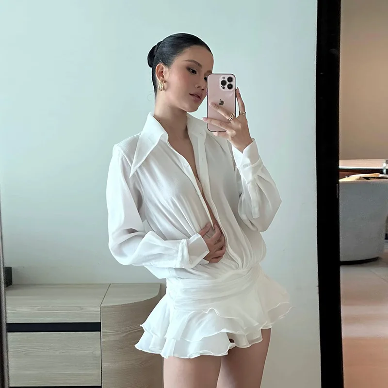 

Новое женское белое шифоновое мини-платье 2026 года: прозрачное, летнее, пляжное, элегантное, повседневное, свободное, оверсайз, плиссированное мини-платье-рубашка