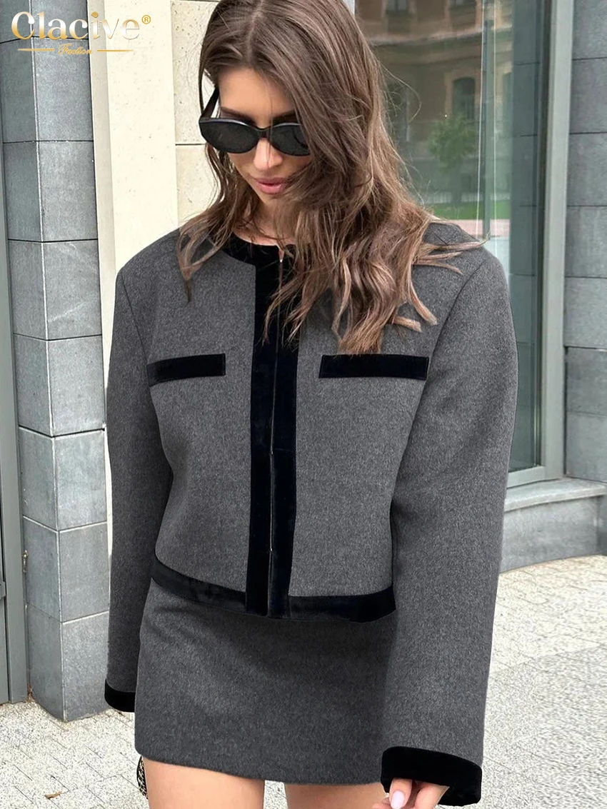 Clacive Fashion Loose Gray Office 2 Piece Set Women Outfit 2024 Elegant Long Sleeve Shirt With High Waist Mini Skirts Set Female