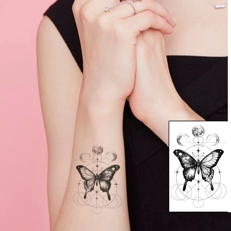 Tattoo Sticker Temporary Butterfly Sun Moon Star Geometric Circle Line Tattoo Body Art for Women Men Wrist Fake Tatoos