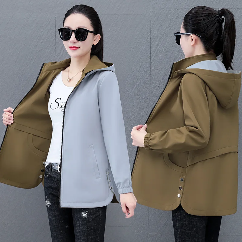 

Двусторонняя одежда, ветровки средней длины, женская одежда, весенне-осенний новый плащ с капюшоном, модный универсальный повседневный женский топ