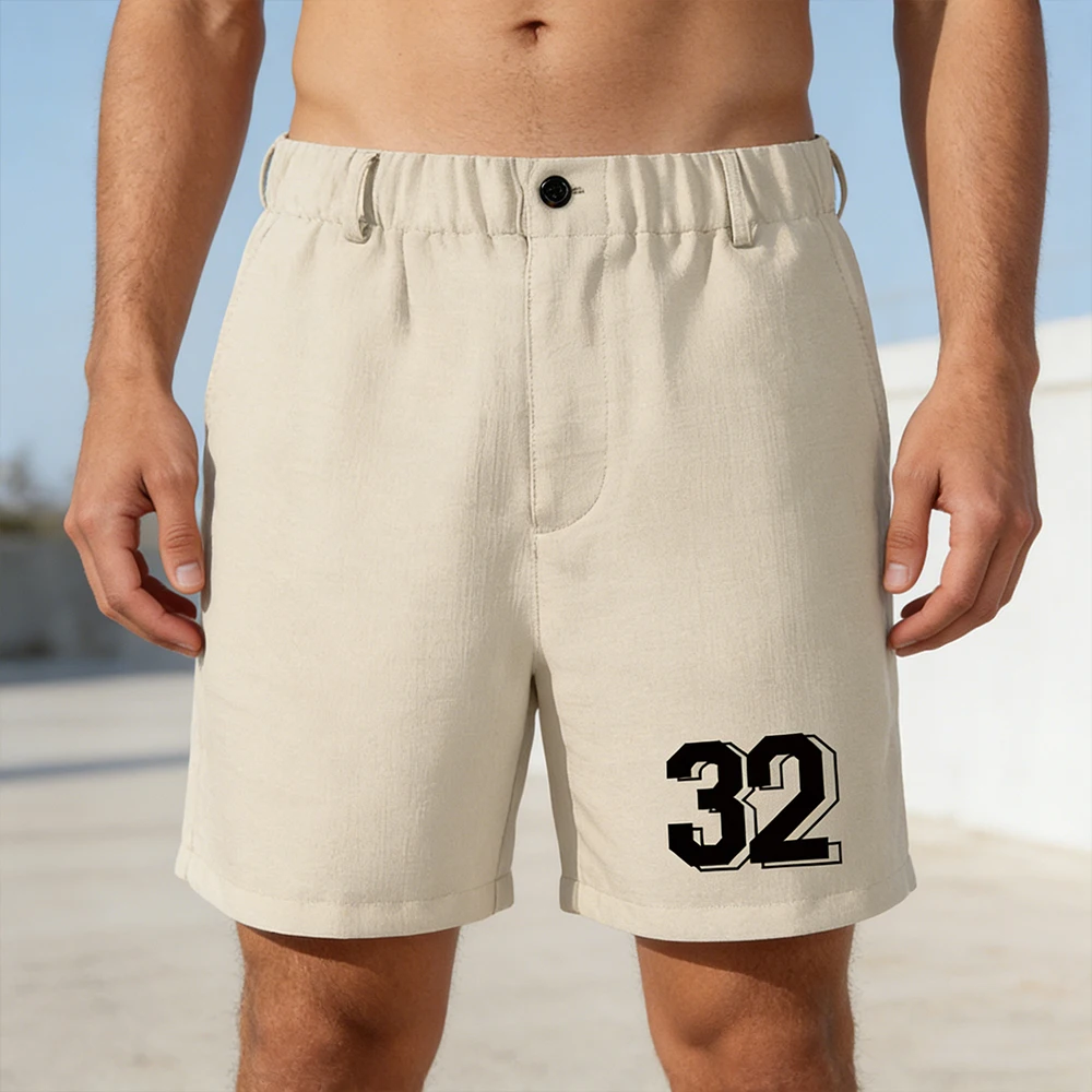 

Летние мужские шорты из искусственного льна с текстурой, имитирующей лен, с номером 32, дышащие, легкие, пляжные, свободного кроя, для активного отдыха
