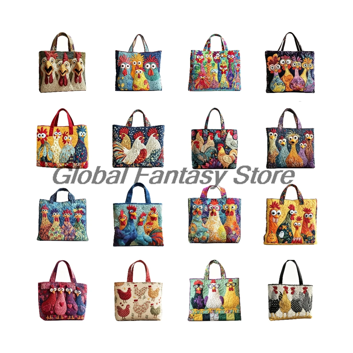 

Colorful Chicken Quilted Tote Cartoon Rooster Print Farm Animal Shoulder HandBag Women Daily Shopping Bags