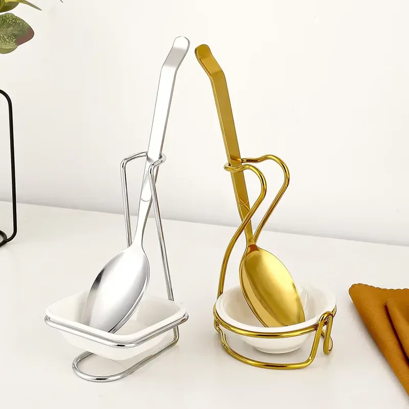 Commercial 304 Stainless Steel Spoon Holder with Golden Tray Hotel Buffet Utensil Food Clip High End Daily Necessities