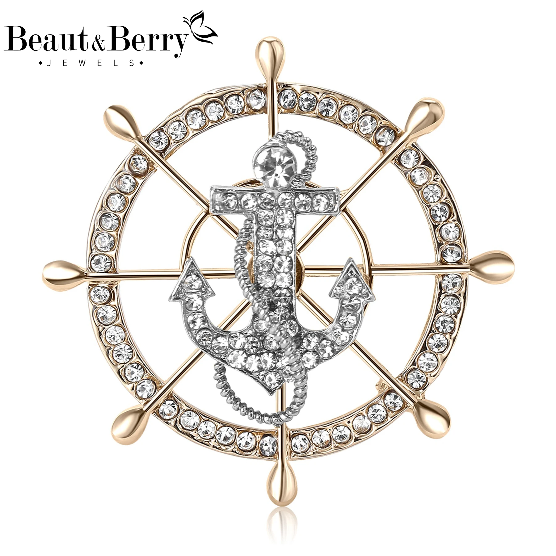 Beaut&Berry Trendy Rhinestones Rudder Brooches for Women Unisex Anchor Pins Casual Party Jewelry Accessories Gift Decoration