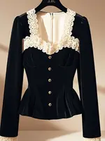 Vintage Luxury Lace Long sleeve Velvet Top Women Elegant Ladies Sequin Tunic Shirt Female Office Party Wear Top 2024 Korean New - Image 4