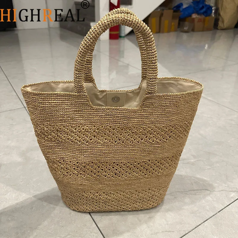 

Summer Raffia Beach Bags for Women Handbags Handmade Woven Straw Bag Travel Knitting Shoulder Bag Female Hollow Shopper Purses