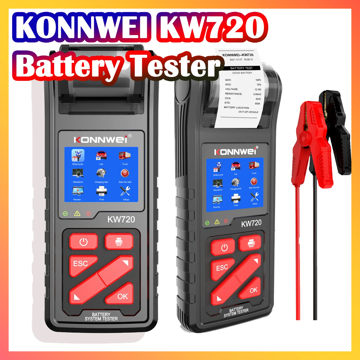 

KONNWEI KW720 6 В/12 В/24 В тестер батареи анализатор батареи с принтером подходит для свинцово-кислотных батарей 1 В-30 В диапазон CCA ﻿