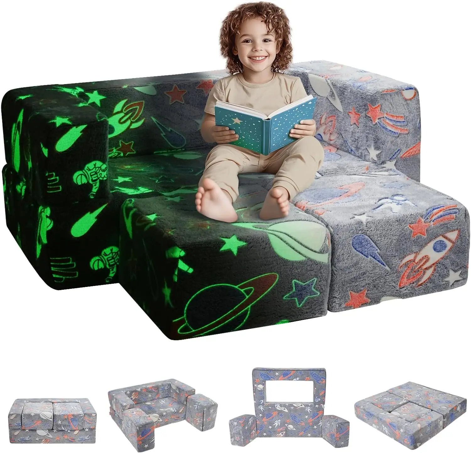 

Kids Couch, 4Pcs Toddler Couch Sofa Bed, Kids Chair Seat Playroom Furniture