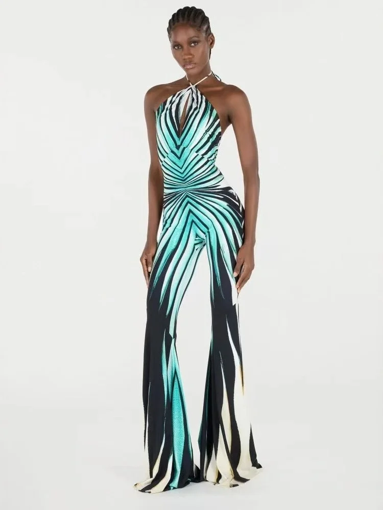 Wmstar Damenkleid Großhandel: Neckholder-Kleid mit Print, einteiliger Hosenanzug für Damen, schmal geschnitten, rückenfrei, gestreift, langer ausgestellter Stil