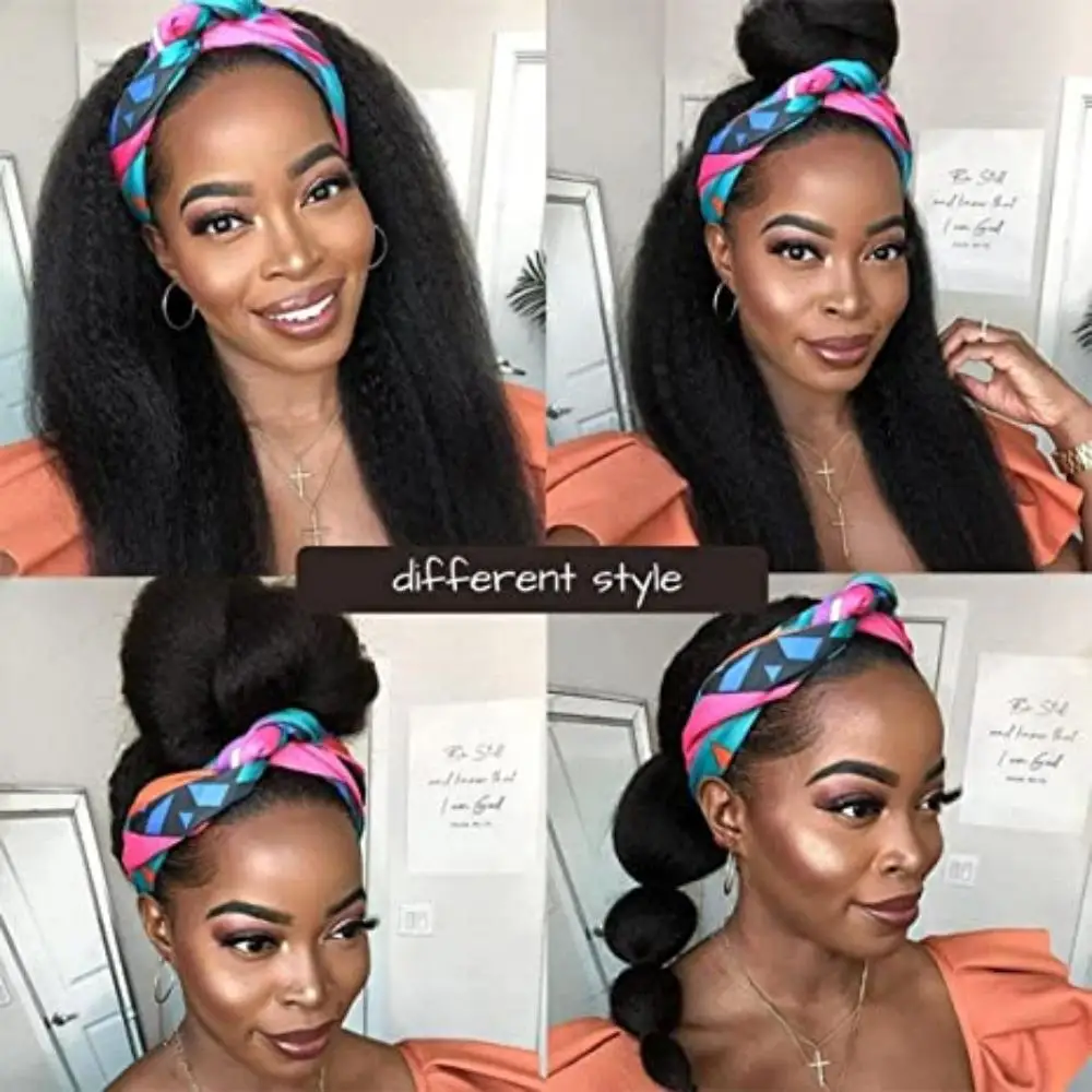Kinky Straight Headband Wig Human Hair Yaki Headband Wig Full Machine Made Wigs  Yaki Natural Color Brazilian Remy Hair Wig 180%