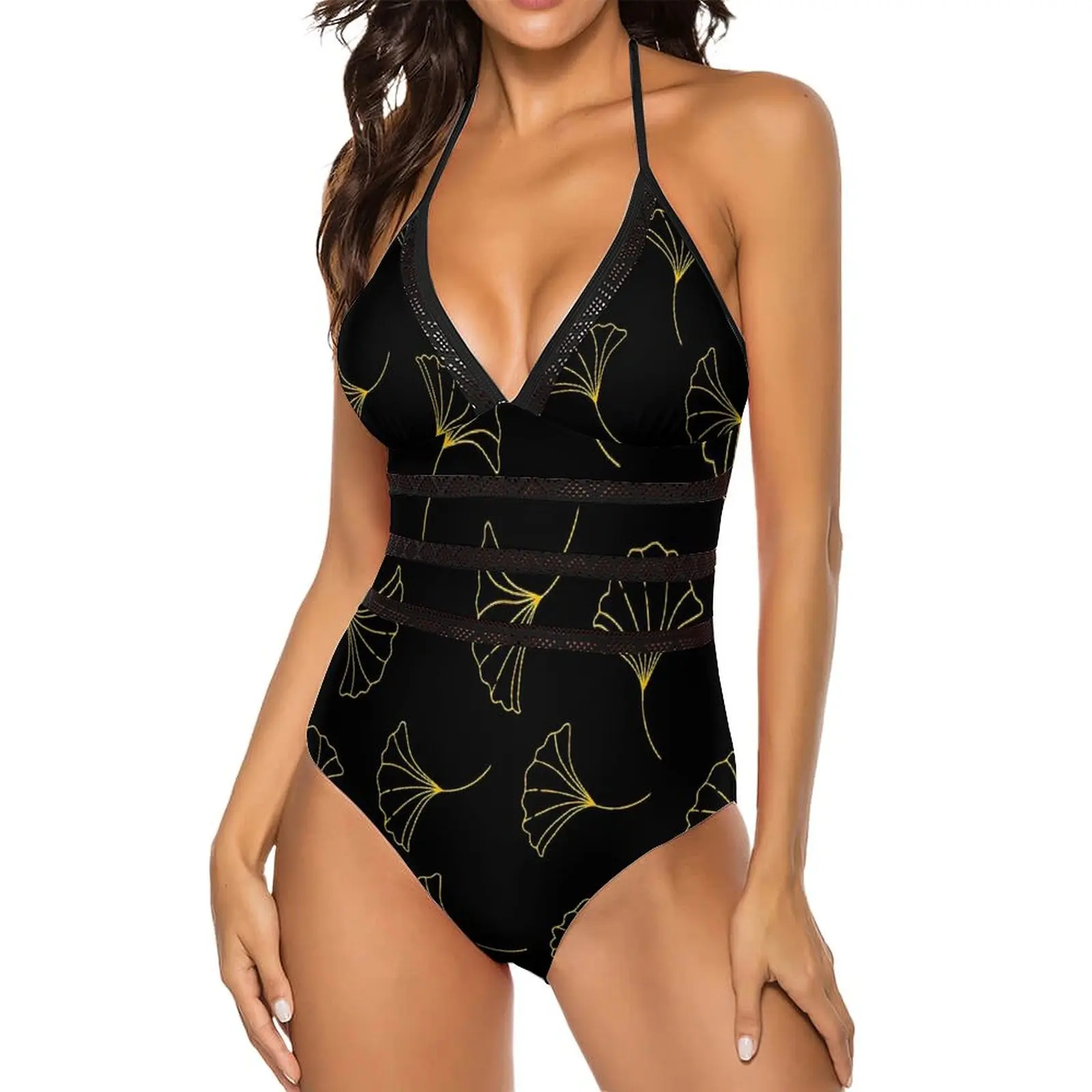 Ginkgo Biloba Swimsuit Sexy Gold Leaf Print Sling Swimwear One Piece Classic Bodysuit Surf Push Up Monokini