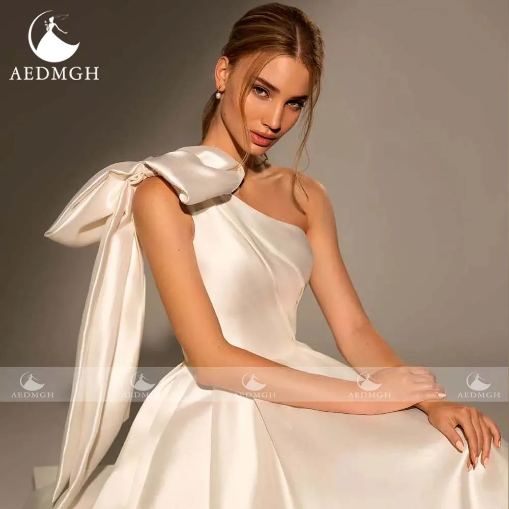 Aedmgh A-Line Matte Satin Chic Wedding Dresses 2024 Bow One Shoulder Robe De Mariee Backless Court Train Simple Vestido De Novia