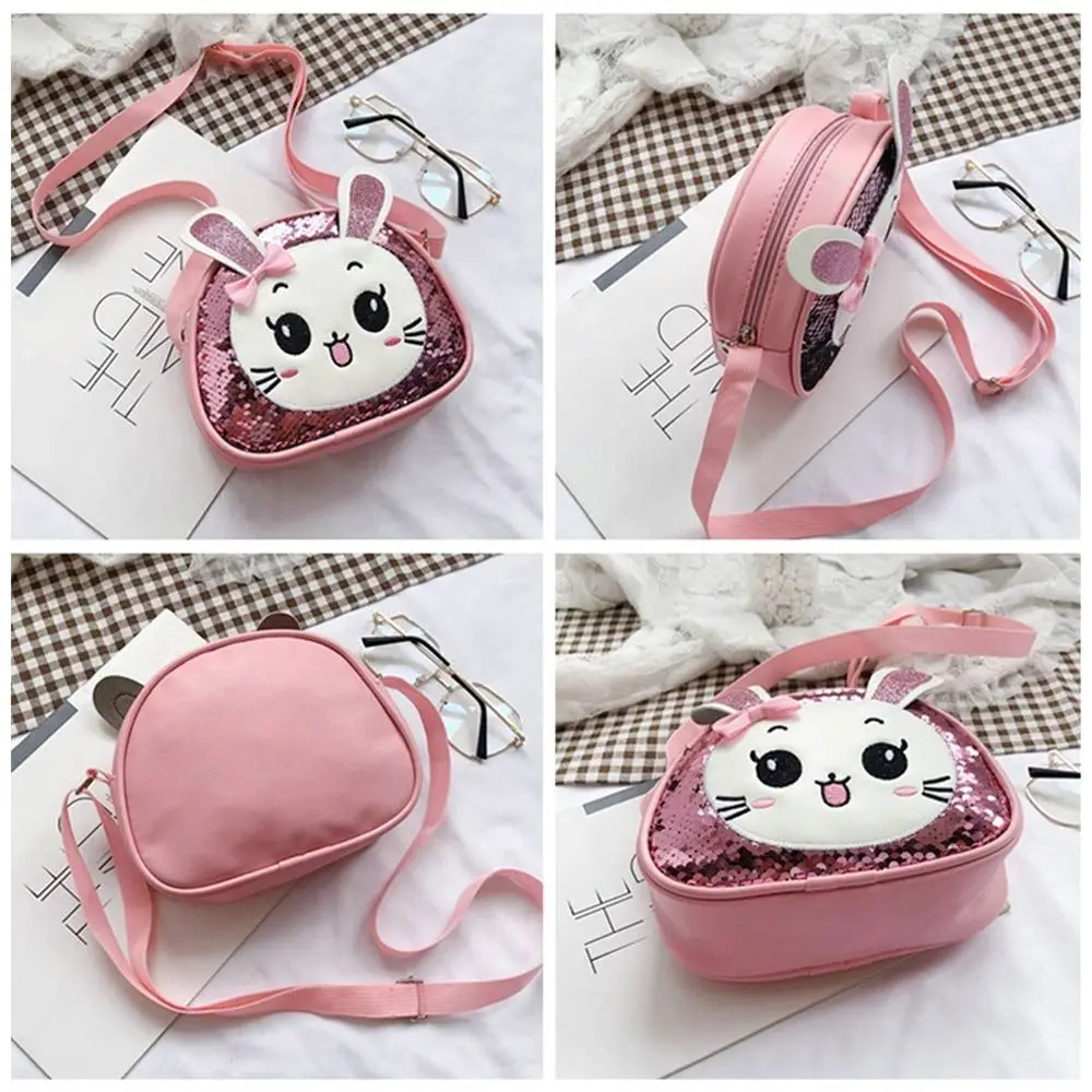 New Cartoon Cute Sequins Bunny Pu Leather Shoulder Bag Sweet Little Princess Shoulder Coin Purse Crossbody Bag