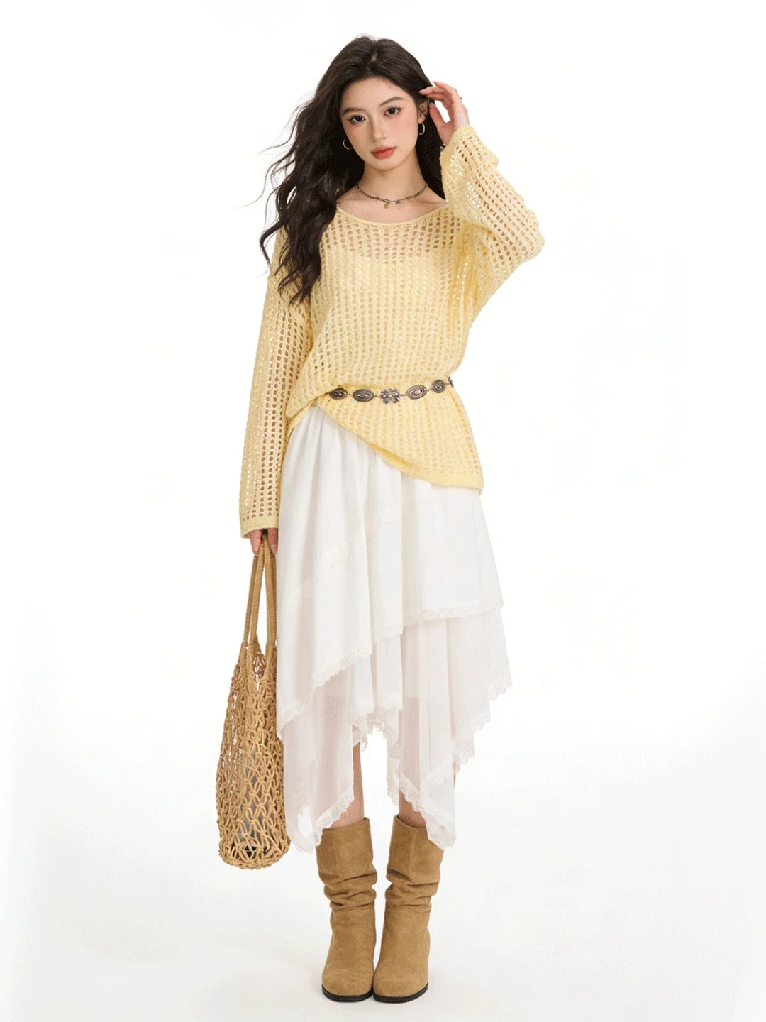 

Юбка миди А-силуэта с высокой талией, асимметричная, с кружевом, белая, универсальная, в корейском стиле, дышащая, приятная к телу, весенняя новинка