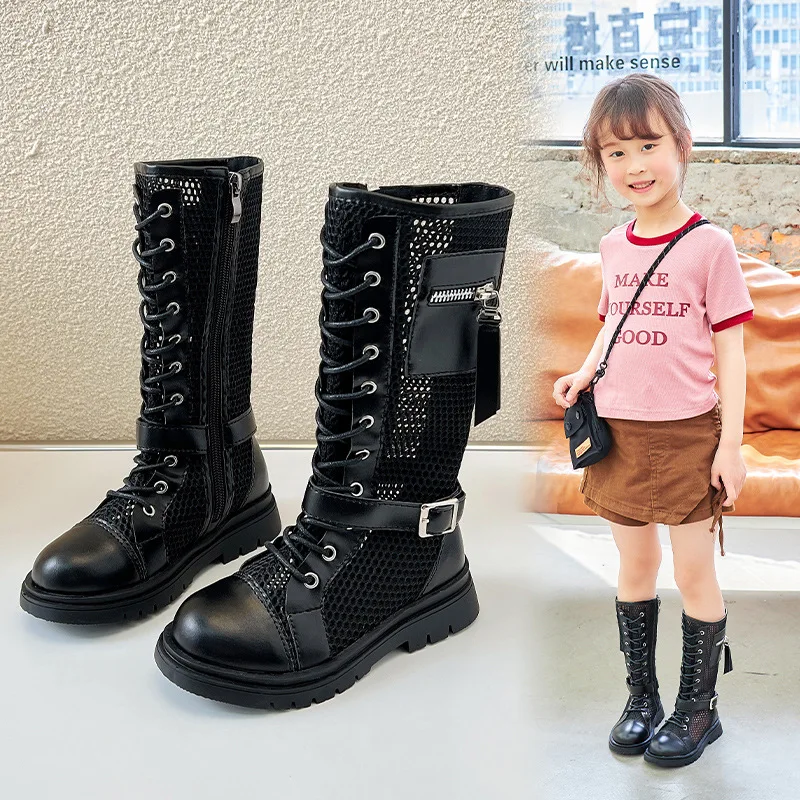 Girls Summer Boots 2023 Children Fashion Versatile Buckle Hollow Chic Sweet Princess High Boots Kids Versatile Street Style PU