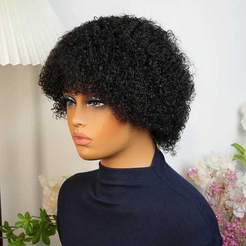 Imagen 2 del producto Peluca de cabello humano rizado Afro, Bob corto Afro para mujeres negras con flequillo, pelucas de cabello humano brasileño hechas a máquina prearrancadas