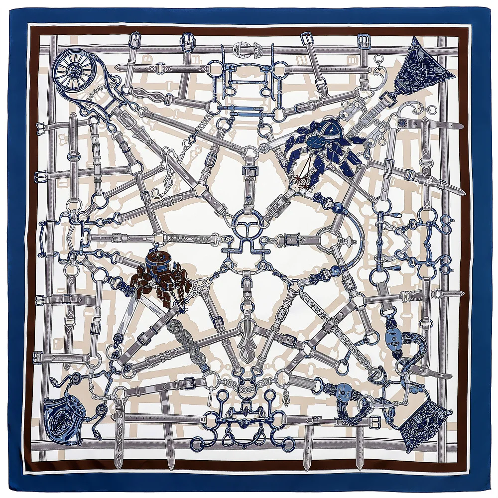 Design Belt Chain Plaid For Ladies Silk Scarf Big Square Women Neckerchief Twill Sunscreen Shawl Neck Gaiter Bandana BeachTowel