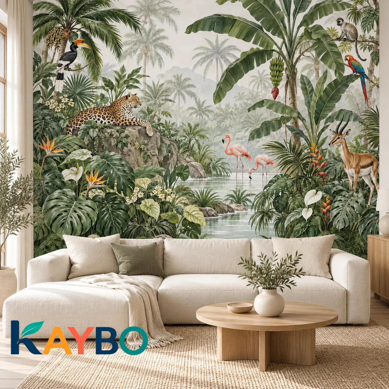 Tropical Jungle Wallpaper Mural, Safari Animals, Palm Trees, Leopard, Flamingos, Exotic Botanical Wall Decor, Non Self Adhesive.
