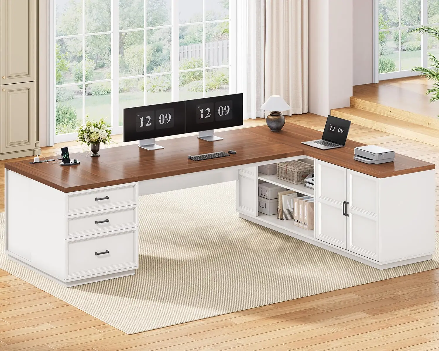 L Shaped Executive Desk With Charging Station, File Drawers & Adjustable Cabinet, CPU Stand, Office Desk , Customized