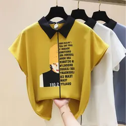 Streetwear Stylish Letter Printed Shirt Women's Clothing Turn-down Collar Summer Short Sleeve Casual Loose Patchwork Blouse New