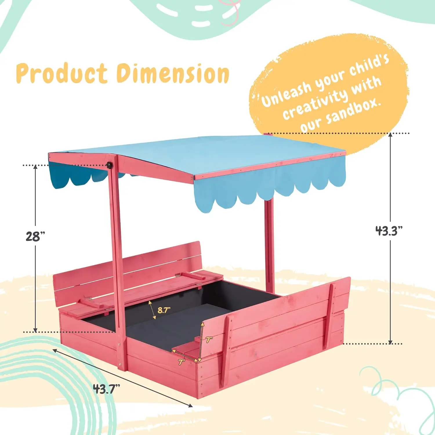 Kids Sandbox with Lid for Ages 3-8, Wooden Sandbox with Cover & Height Adjustable Roof, Sand Protection Liner,for Backyard/Beach