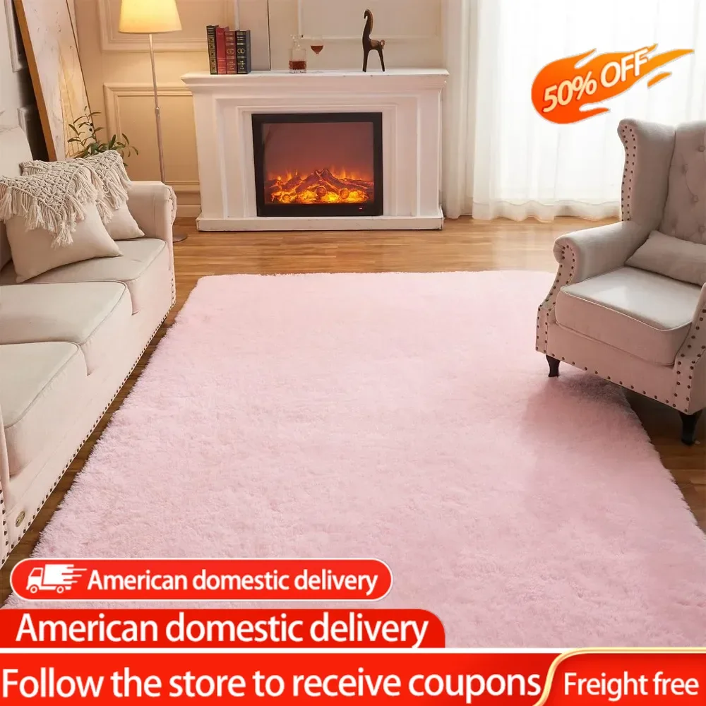 Area Rugs for Living Room Bedroom, 9X12 ft Pink Fluffy Fuzzy Shag Small Carpet Soft Plush Furry Clearance Rug, Cute Rugs