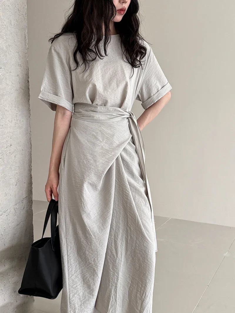 Cross Tie Short Sleeved Long Dress Summer Waist Slimming A-line T Shirt Dress