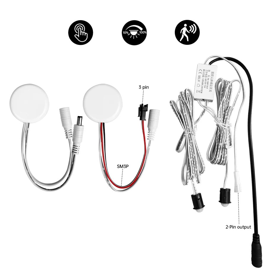 

PIR Motion Switch with 2m Dupont Line & Touch Sensor Switch 25mm Penetrable Stepless Dimming Control 12V-24V for LED Light Strip
