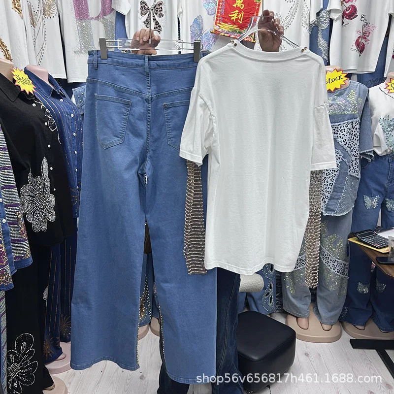 Fashion Spring Summer Women Two-piece Set Hollow Out Mesh Diamonds Long Sleeve T-shirt Top + High Waist Wide Leg Casual Jeans