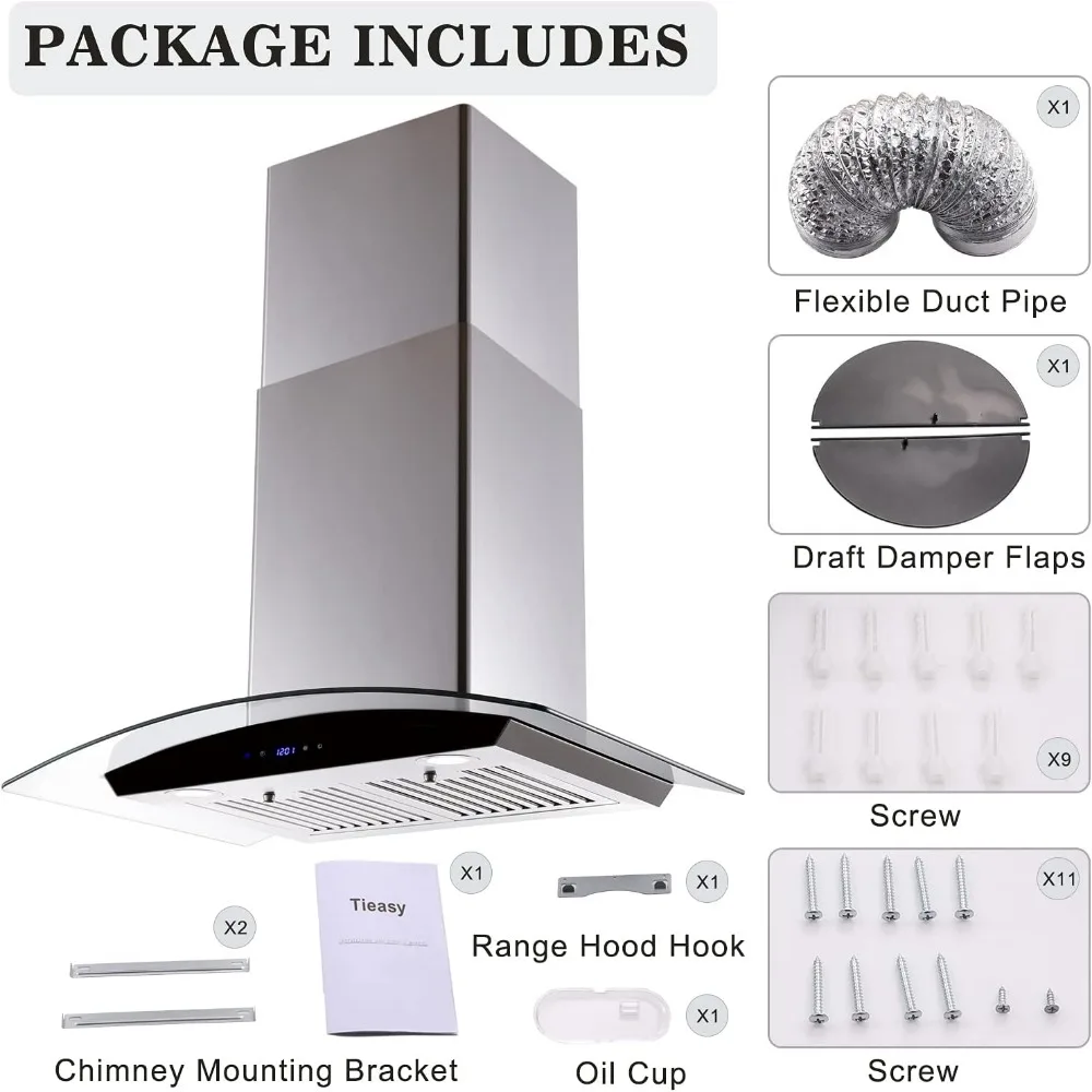 Tieasy Wall Mount Kitchen Hood with Ducted/Ductless Convertible Duct, Stainless Steel Chimney and Baffle Filters,