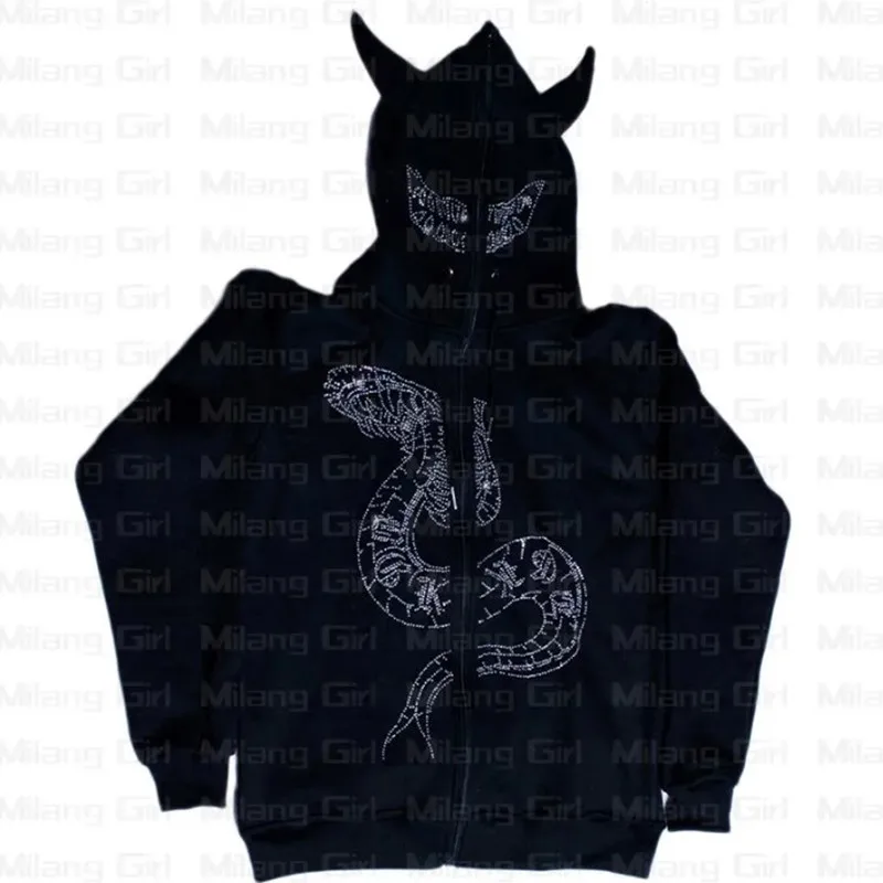 Vintage Fashion Punk Y2k Gothic Zip Up Hoodies Long Sleeve Coat Sweatshirt Jacket Streetwear