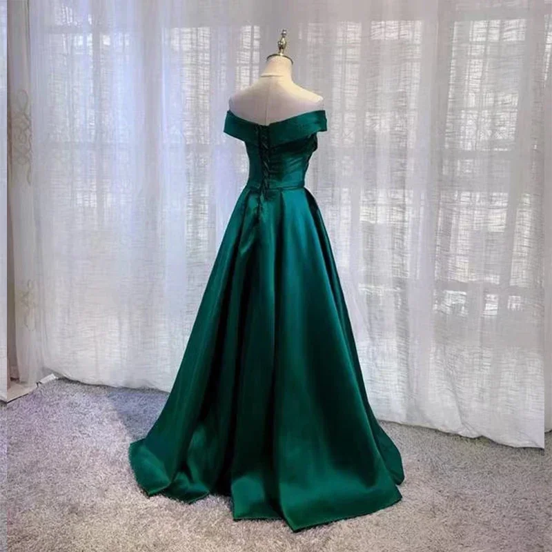 Evening Dress Simple Dark Green Off the Shoulder Pleat Lace up A-line Floor Length Plus size Women Party Formal Gown Customized