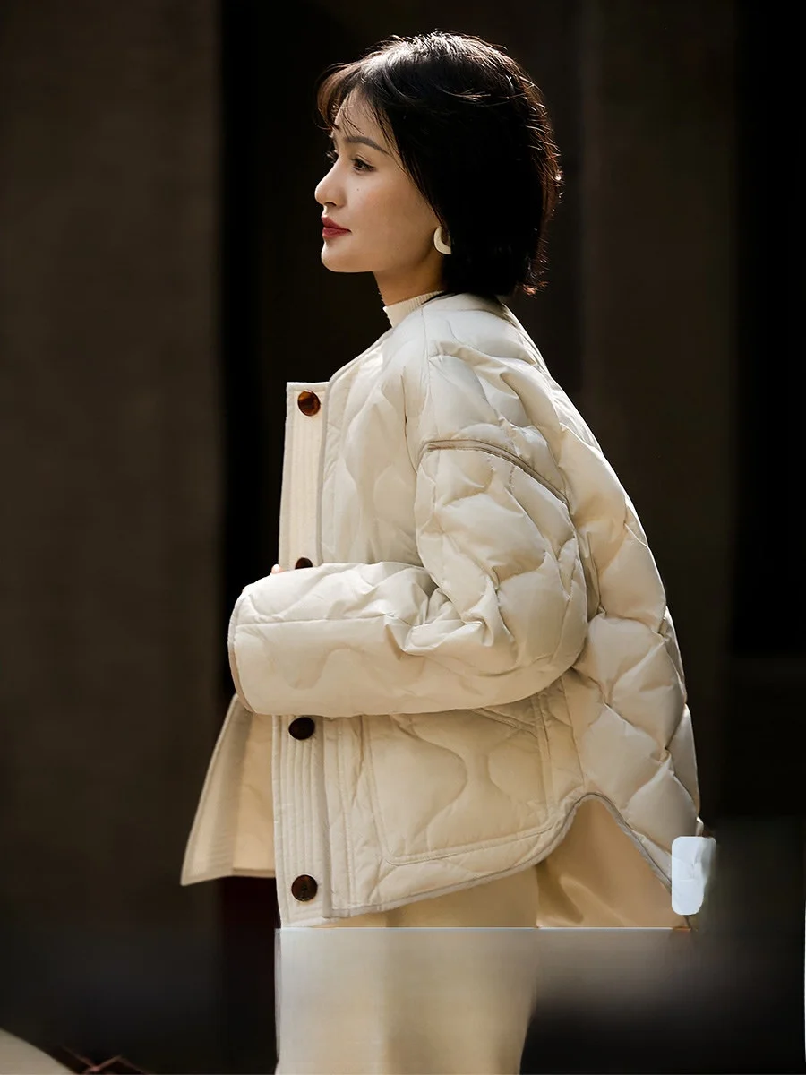 

Зимняя теплая женская куртка из гусиного пуха с круглым вырезом, новый стиль, для офиса и повседневной носки, из полиэфирного волокна, 3D-дизайн, серия Snowfall