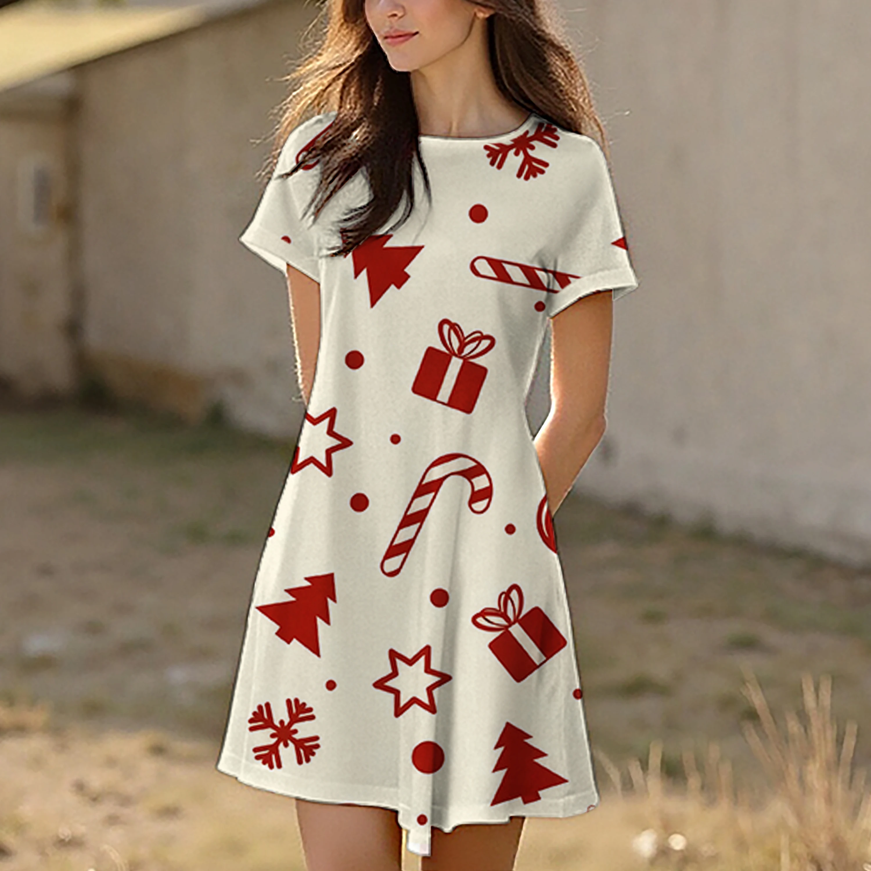 فستان نسائي صيفي لعيد الميلاد برقبة دائرية وأكمام محيطة، كاجوال، مريح وأنيق بنمط عيد الميلاد