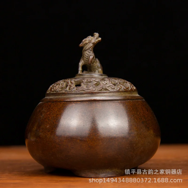 Pure Copper Fine Double Beast Ear Brass Xuande Incense Burner Office Living Room Shop Desktop Ornament