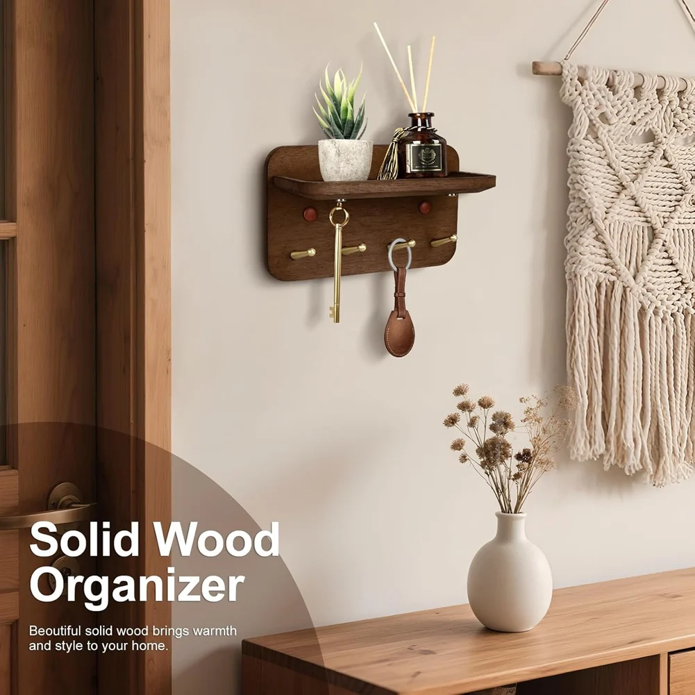 Oct Sale Key Holder Wall Mount, Solid Wood Key Holder for Wall with 4 Brass Hooks & Hidden Magnets,15° Incline Hooks & Grooved