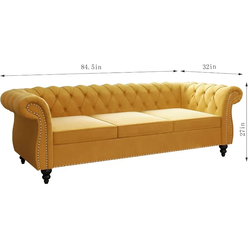 Sofa Velvet, Modern Tufted Couch 3 Seater with Rolled Arms and Nailhead for Living Room, Bedroom, Office, Apartment