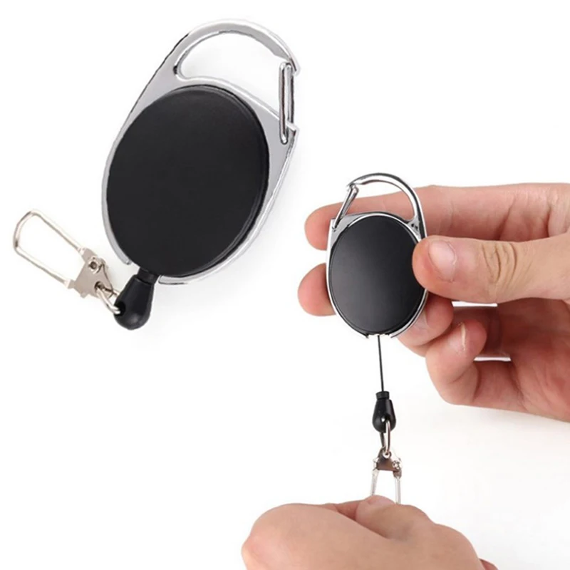 1Pc Black Retractable Pull Key Ring ID Badge Lanyard Name Tag Card Holder Reel Belt Clip Metal Housing Plastic Covers