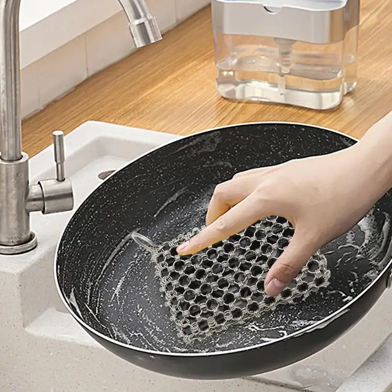 Stainless Steel Chain Mail Scrubber Kitchen Multipurpose Cast Iron Scrubber Cast Iron Cleaning Tool Metal Pan Scrubber For Grill