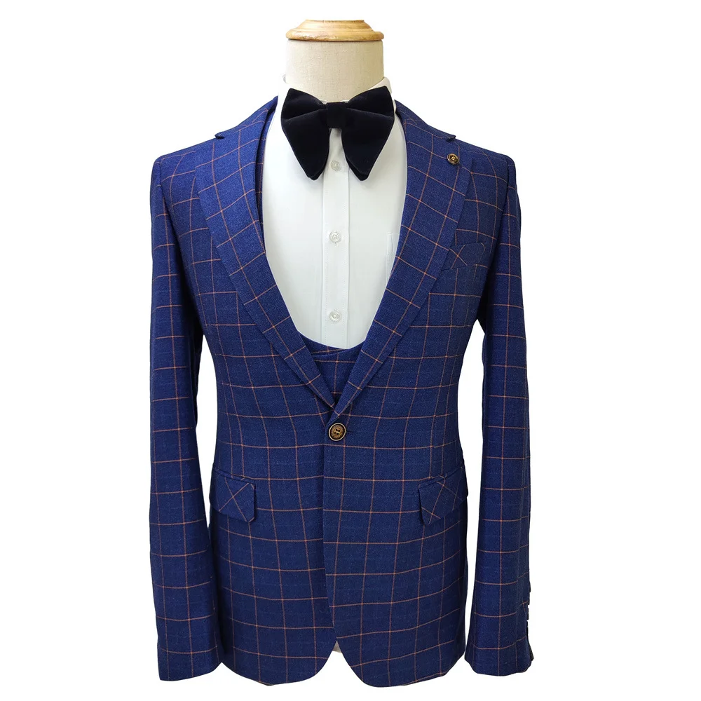 Blue Plaid Suit For Men 3-piece High-Quality Elegant Groomsmen Suit For Men Wedding Men's Business Suit Casual Performance Suit