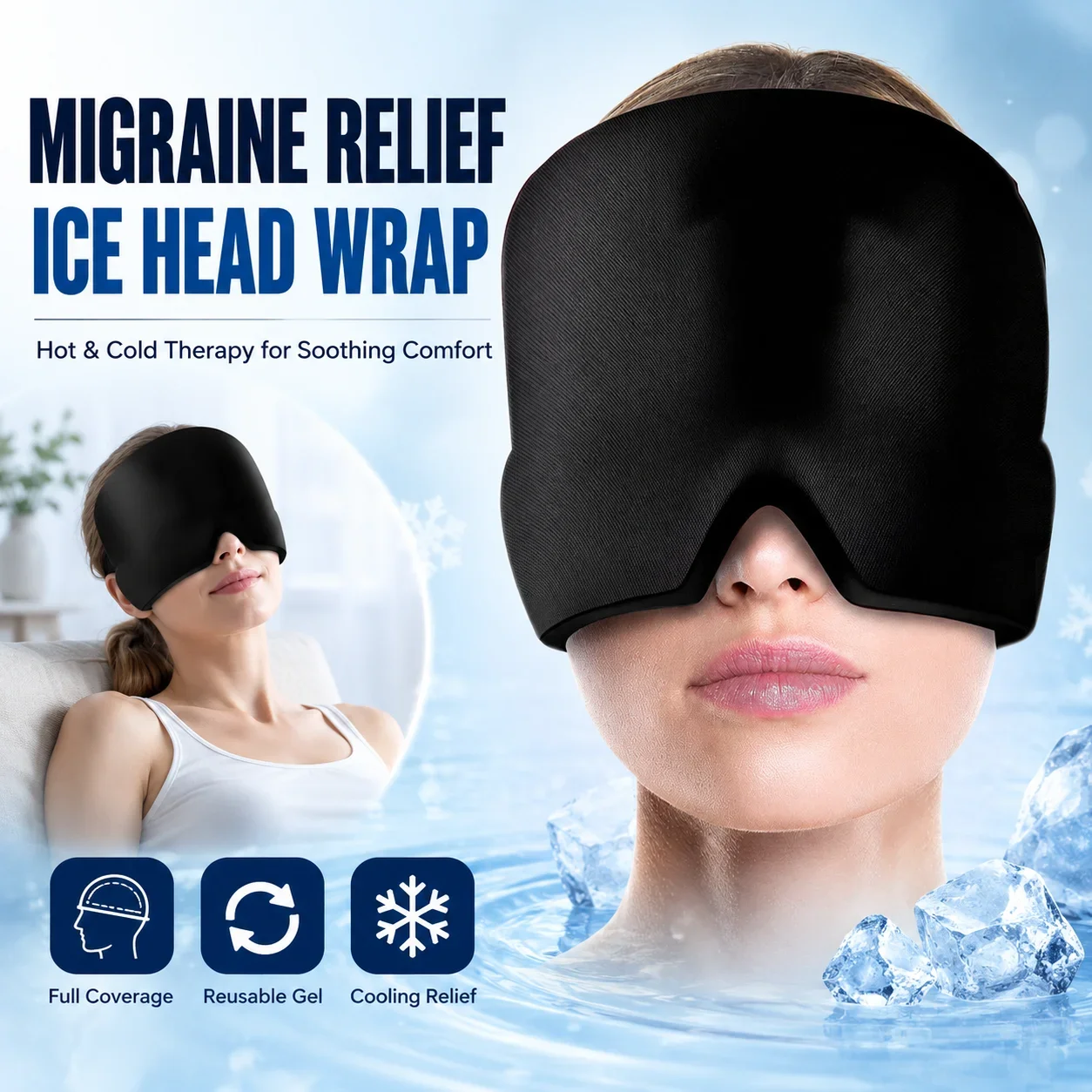 Migraine Relief Ice Head Wrap Hot Cold Therapy Gel Cap Reusable Cooling Mask for Headache Stress Relief Eye Mask Face Cover