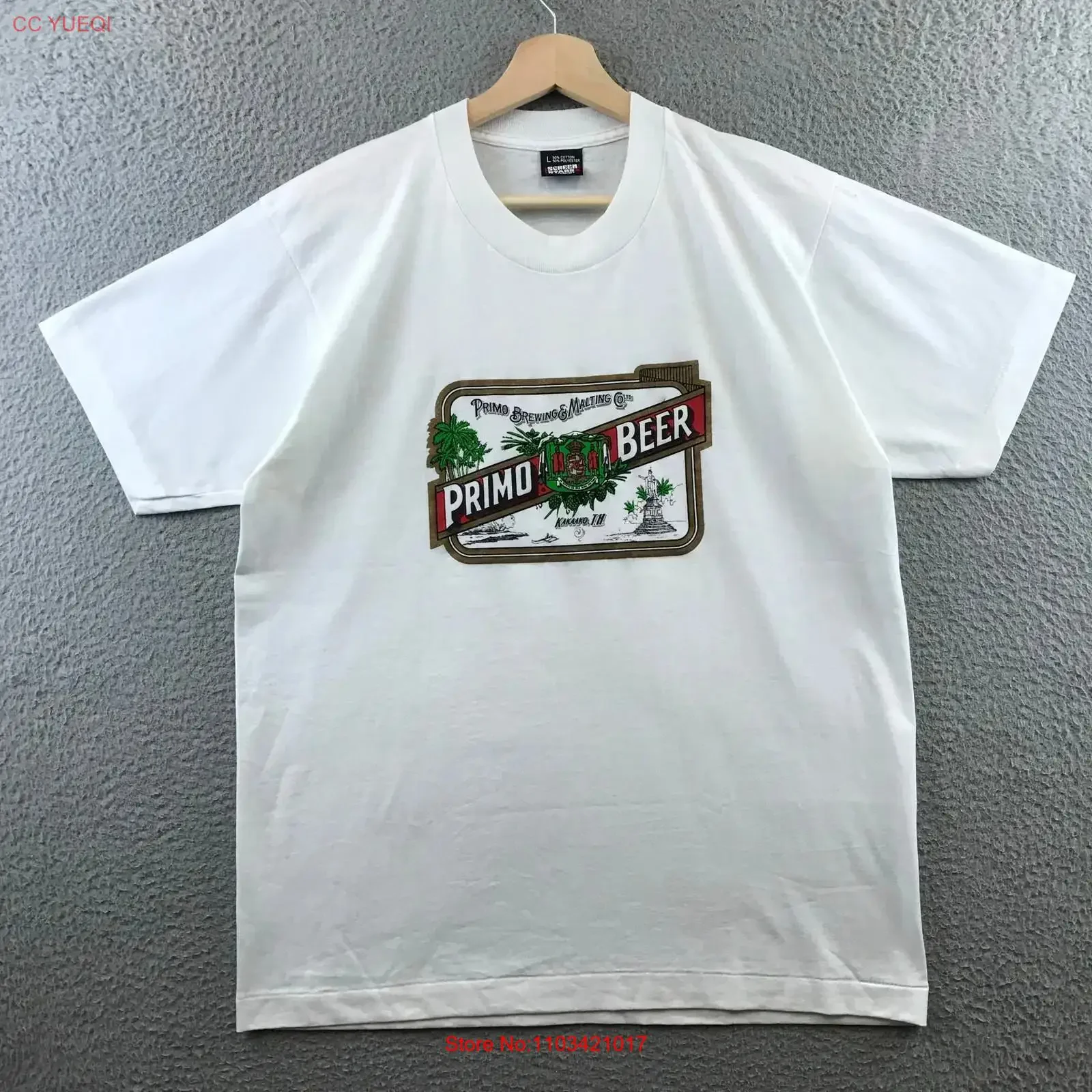 Camiseta vintage de la década de 1980 con diseño de cerveza hawaiana Primo, talla L, estilo vintage de los años 80, lavada, unisex, versátil, transpirable, a la moda para hombre