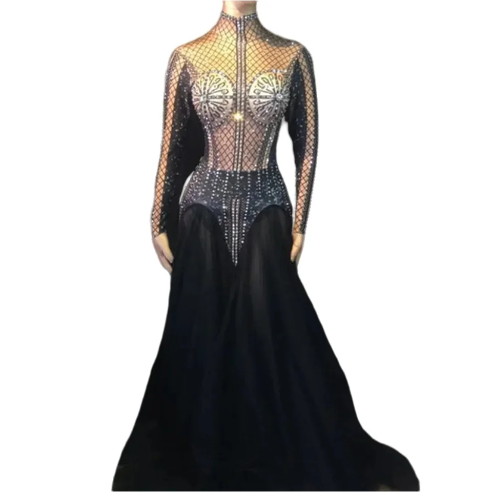 

Sparkling Crystals Black Voile Long Dress Sexy Women Stage Wear Nightclub Bar Party Dance Outfit Singer Host Performance Costume