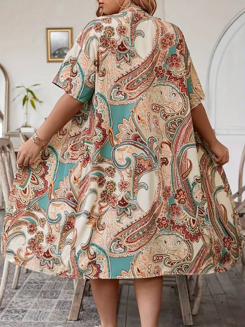 GIBSIE Plus Size Vacation Print Women Two Piece Set Summer Short Sleeve Boho Long Kimono Cardigan And Shorts Without Belt