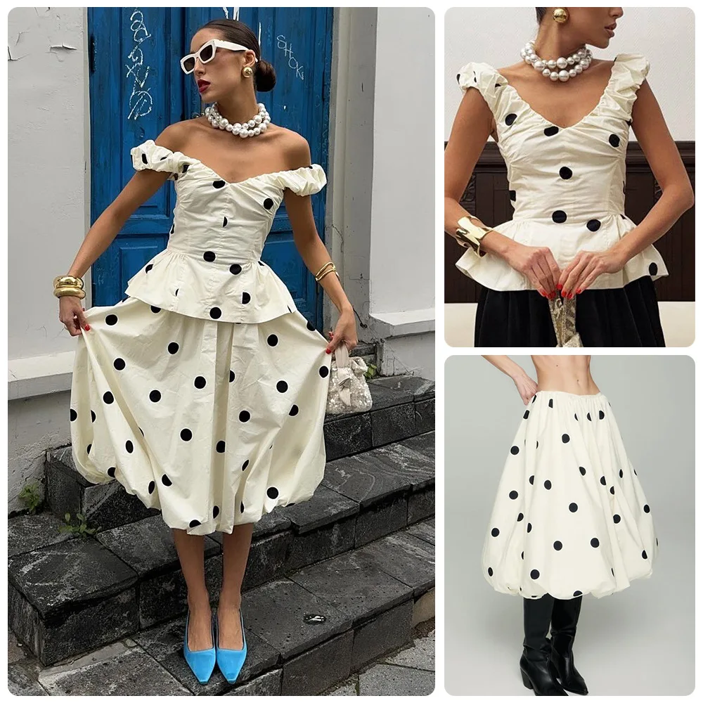 Women 2 Piece Polka Dot Dress Set French Vintage V Neck Ruffle Peplum Top High Waist Flare Midi Skirt Elegant Party Outfits view 6