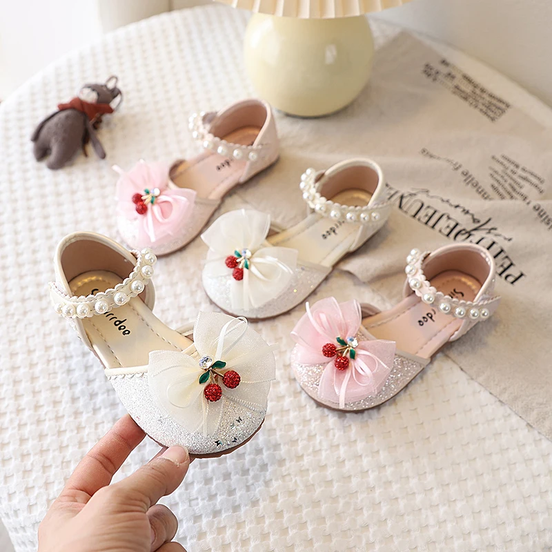 Girls Half Sandals 2026 Spring Summer Children Flats Princess Sweet Bowtie with Cherry Pendant Bling Shiny Fabric Soft Non-slip