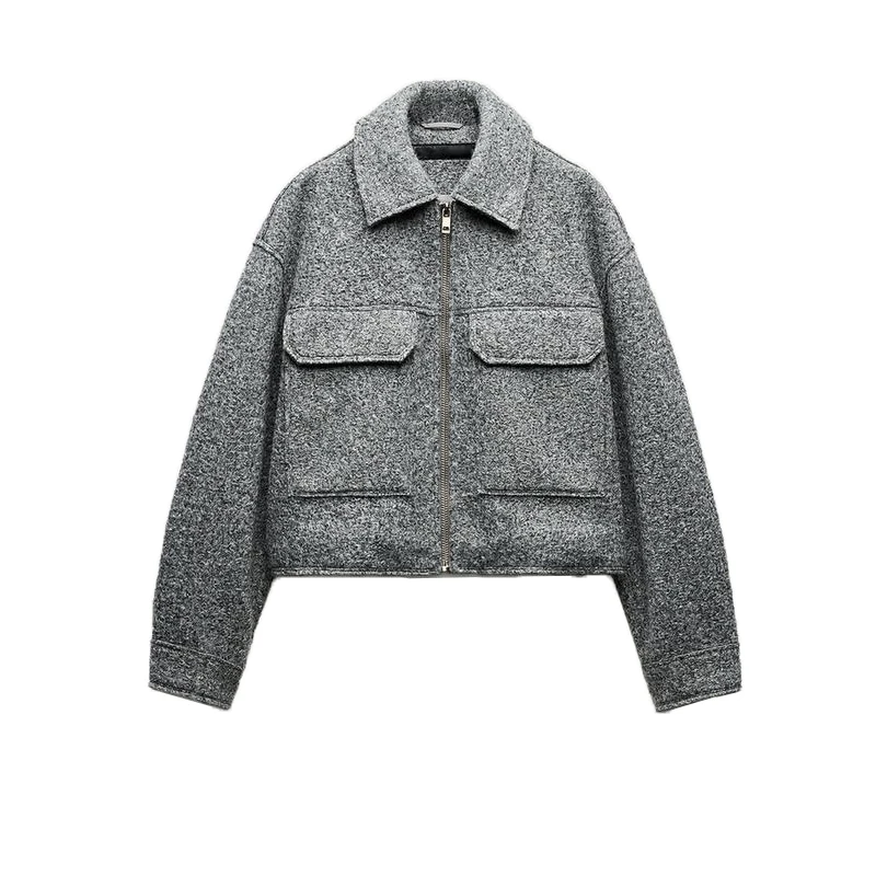 เสื้อโค้ทผ้าขนสัตว์ผสมมุกทรงหลวมแบบใหม่สำหรับฤดูใบไม้ผลิ แขนยาว คอซิป สำหรับผู้หญิง สไตล์ลำลอง เหมาะสำหรับใส่ไปทำงาน